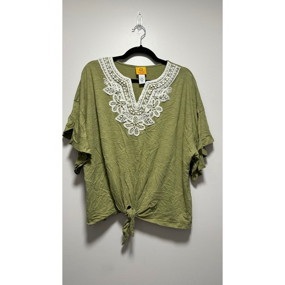 Ruby Rd. Tops - Ruby Rd Woman Green Lace V-Neck Ruffle Sleeve Tie Front Top 2X